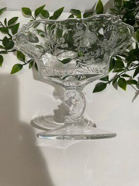 Vintage Crystal Etched Pedestal Candy Dish With Ornate Stem & Floral Design